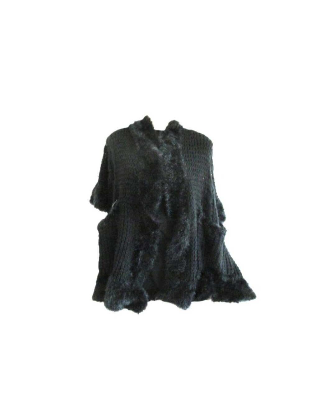 AP Black Knitted Shawl Wrap with Pockets Soft Fringe Trim Accents Open Front